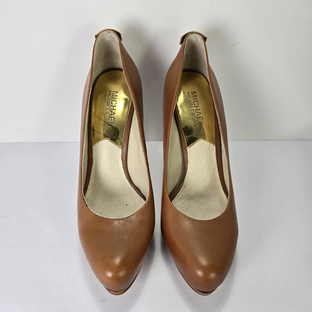 Michael Kors Hamilton Platform Leather Pumps Heels Caramel Tan Gold Lock Sz 7.5 - Picture 7 of 9